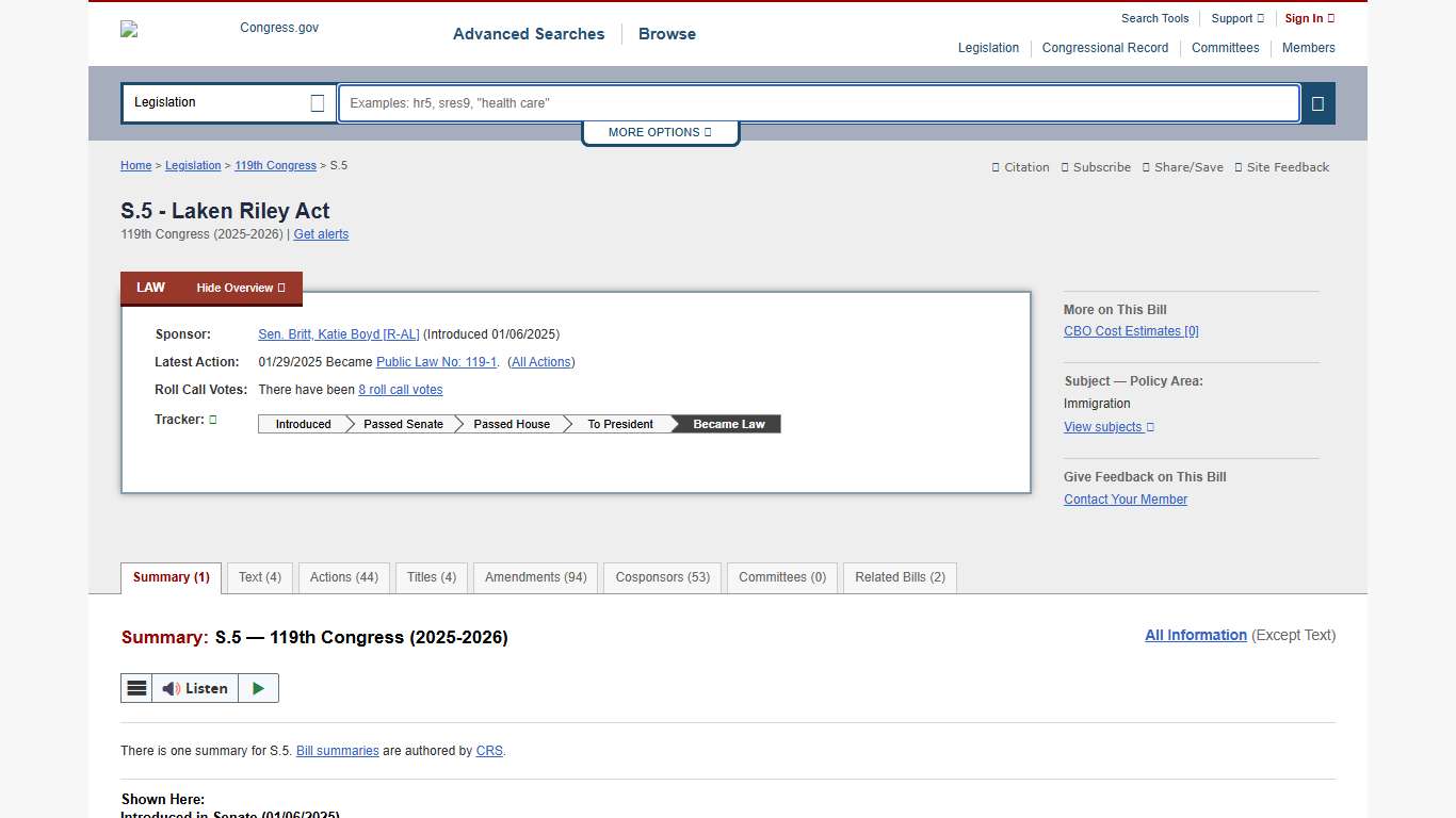 S.5 - 119th Congress (2025-2026): Laken Riley Act Congress.gov Library of Congress